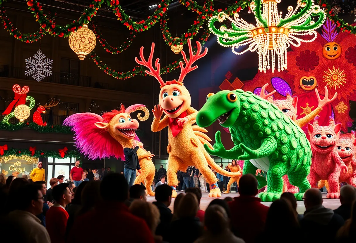 A holiday performance scene at Meow Wolf Grapevine with colorful decorations and performers interacting with the audience.