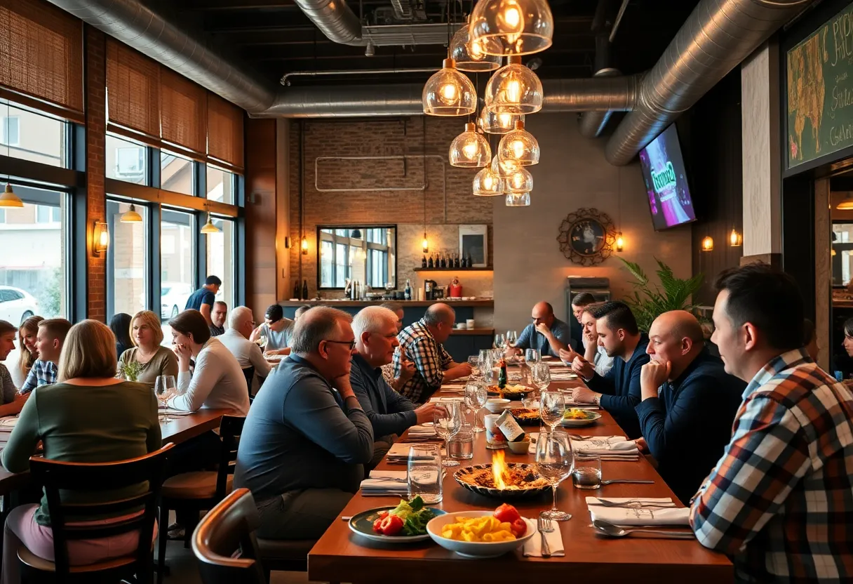 Interior view of Meridian restaurant showing community dining atmosphere with live-fire cooking.