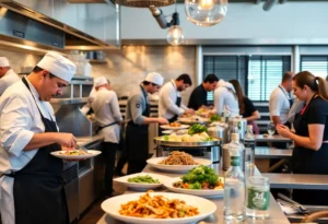 Chefs preparing dishes in a vibrant Dallas-Fort Worth restaurant.
