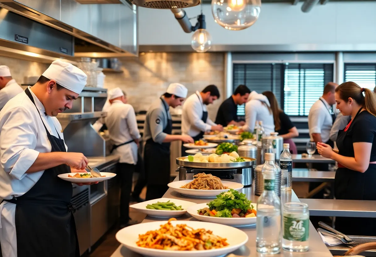 Chefs preparing dishes in a vibrant Dallas-Fort Worth restaurant.