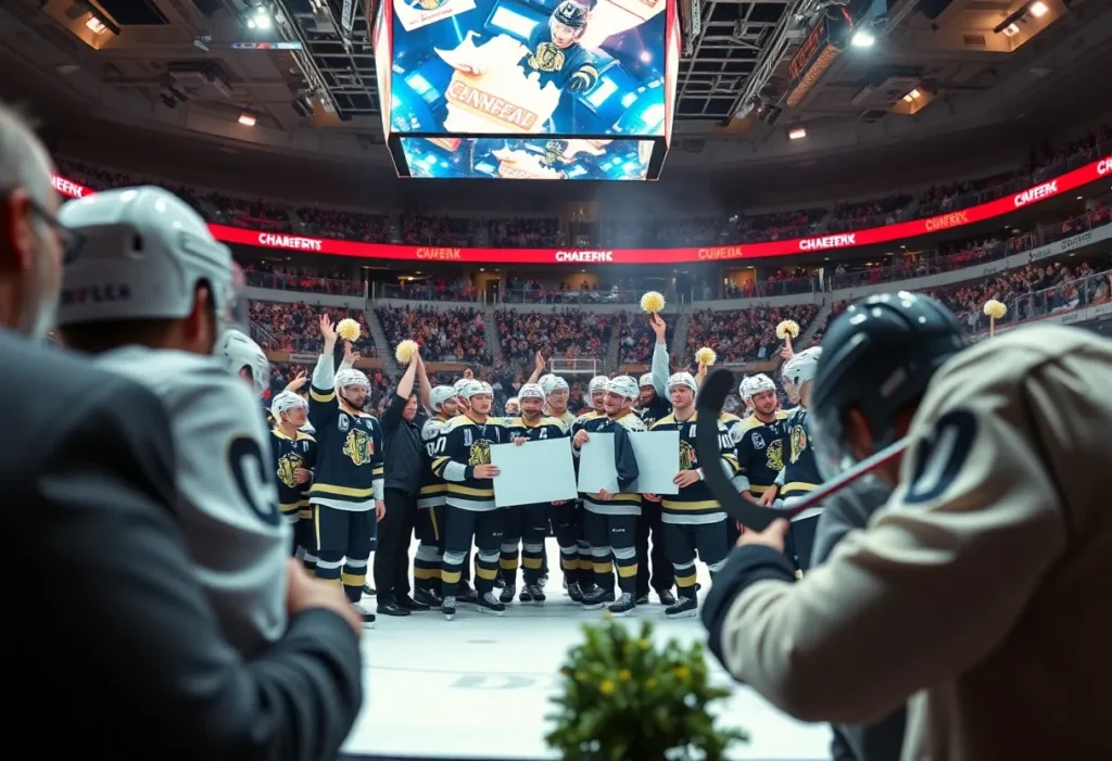 Hockey players celebrating a contract signing in an arena