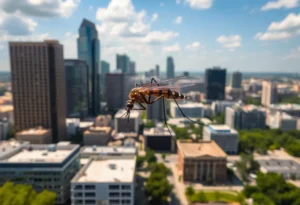 Dallas-Fort Worth cityscape with mosquitoes