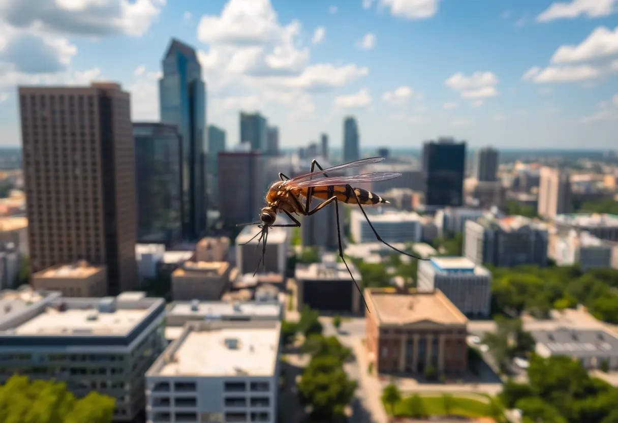Dallas-Fort Worth cityscape with mosquitoes
