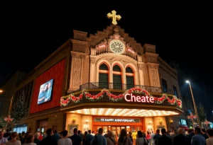 Exterior view of the Music Hall at Fair Park during its 100th anniversary celebration