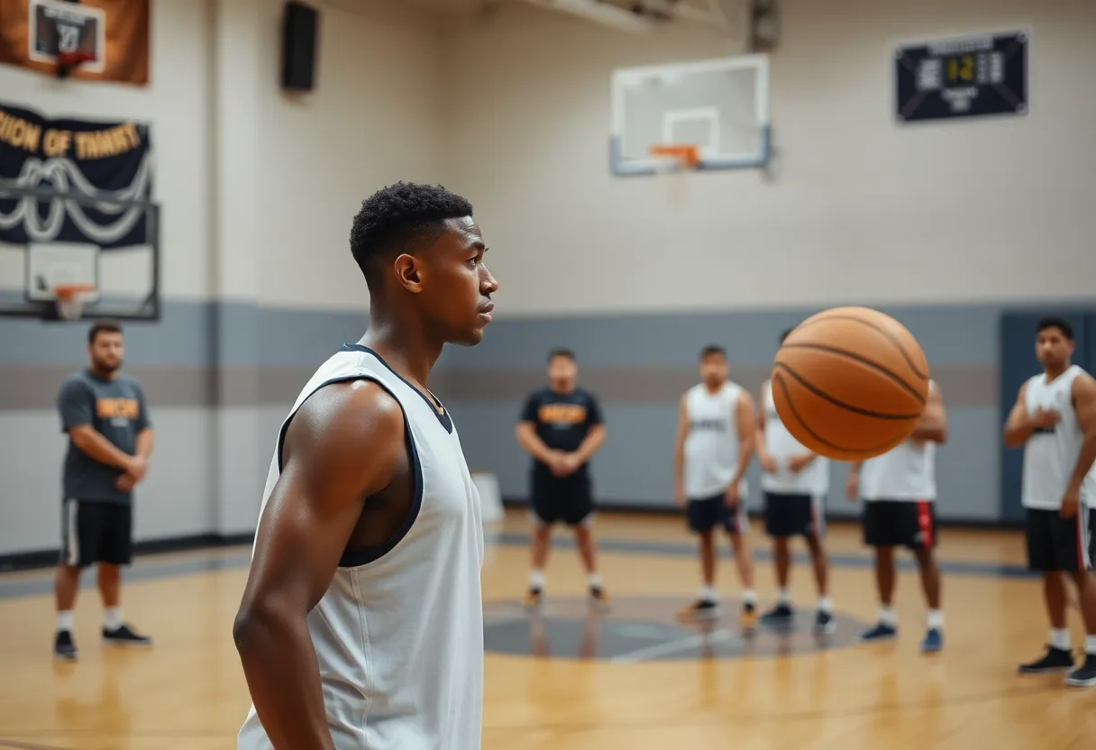 Basketball player training during camp