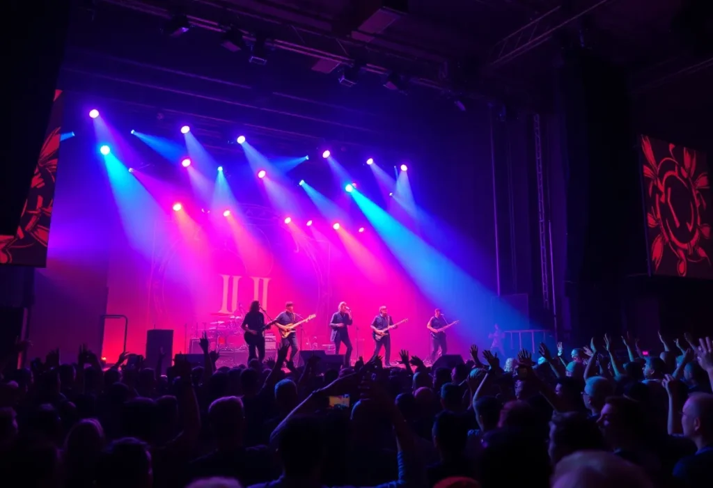 Nine Inch Nails performing live at a concert with bright lights and fans enjoying the show.
