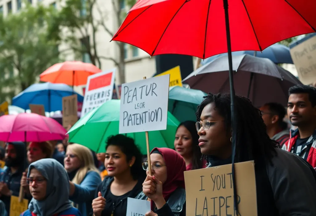 A diverse group of protesters gathered in Dallas for the No Kings rally, displaying signs in a rain-soaked environment.