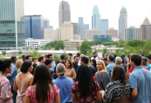 Community members discussing future planning for North Texas amidst city backdrops