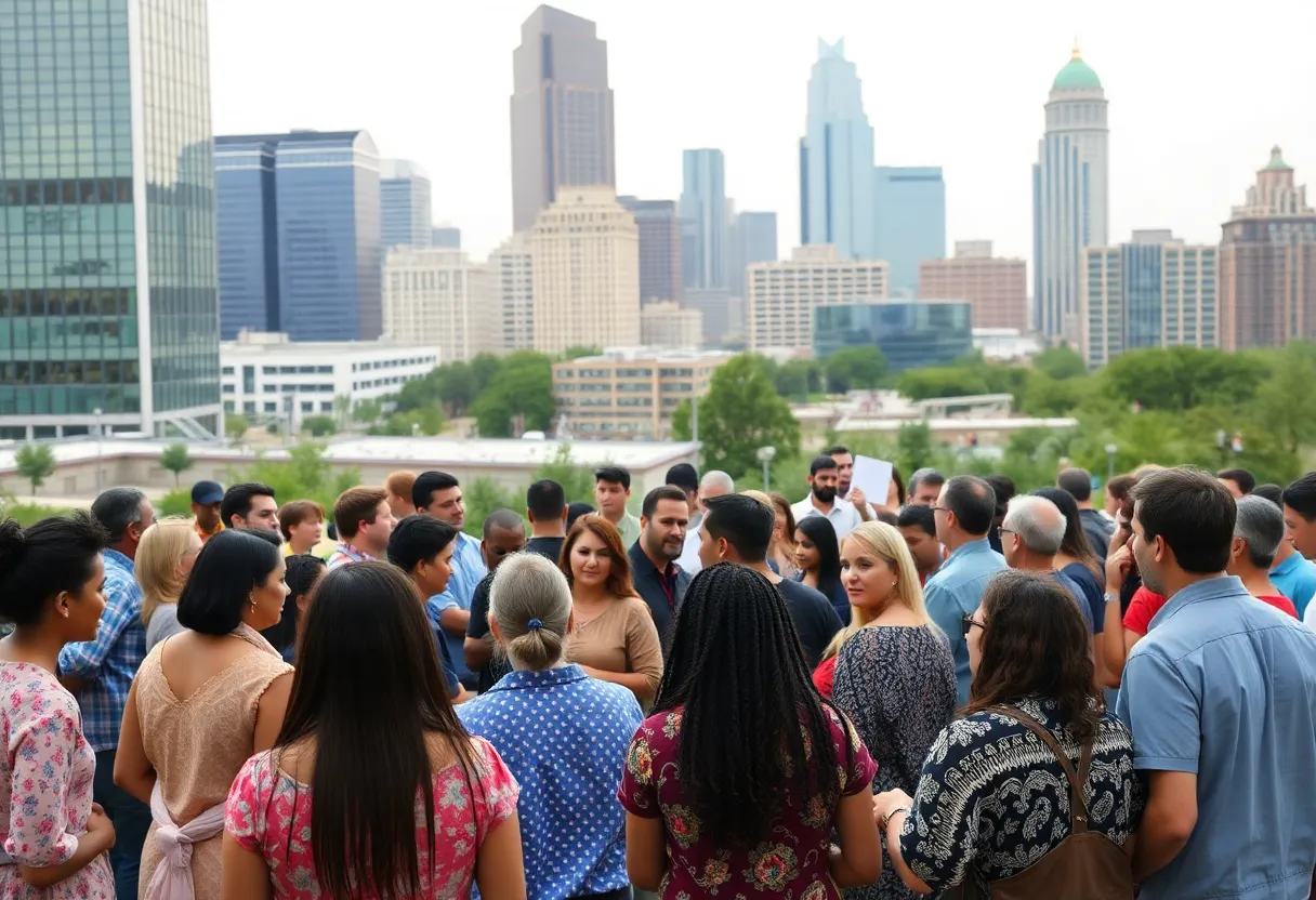 Community members discussing future planning for North Texas amidst city backdrops