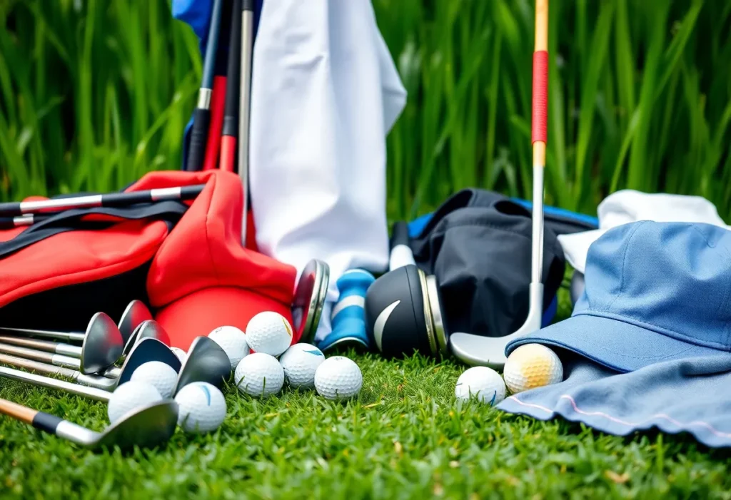Assorted golf gear displayed on a golf course