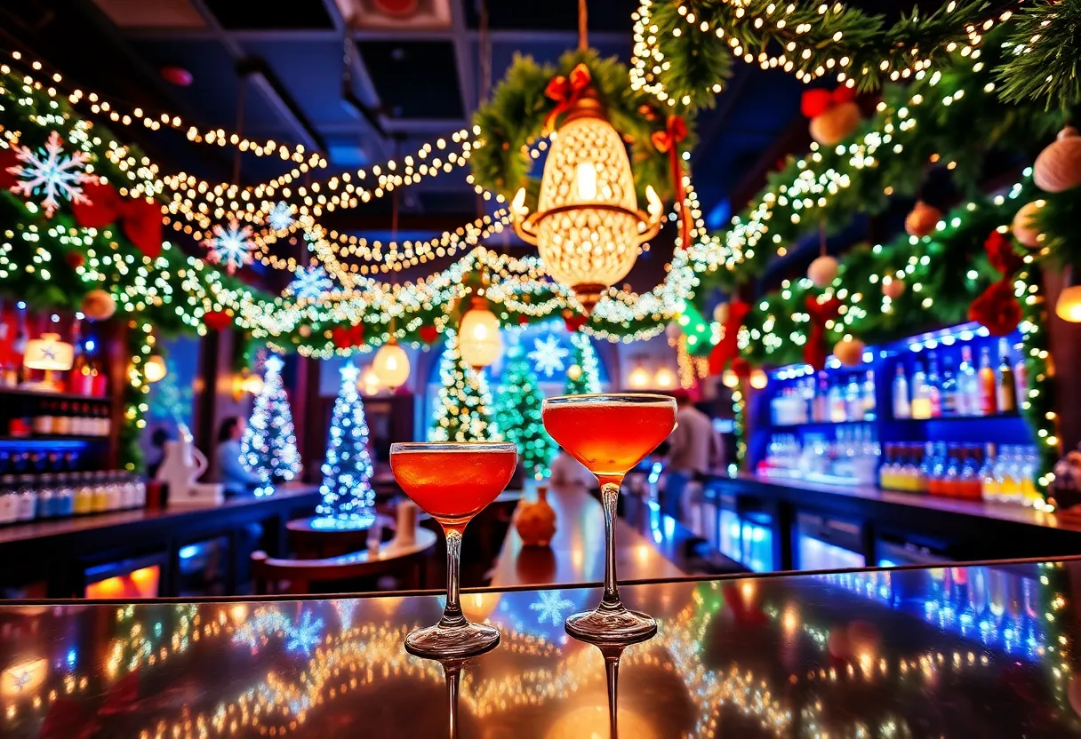 Festively decorated Omni Hotels bar for the holiday season