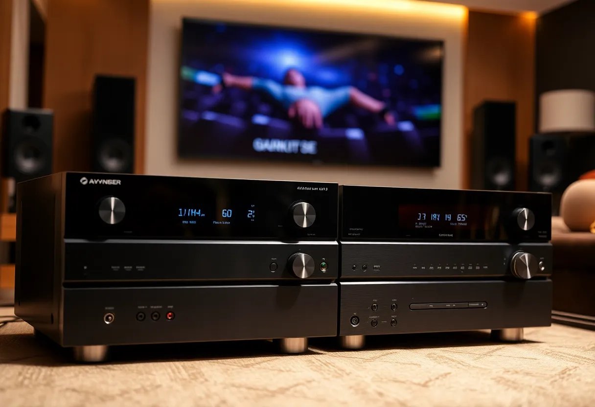 Onkyo TX-NR7100 and Marantz Cinema 40 AV receivers side by side