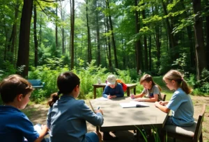 Students in an outdoor classroom at Treetops Charter School