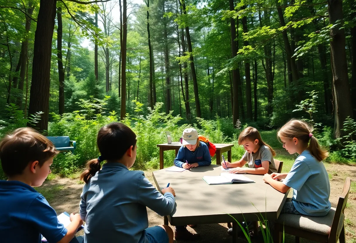 Students in an outdoor classroom at Treetops Charter School