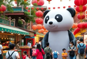 A festive scene from Panda Fest featuring food stalls and a large inflatable panda.