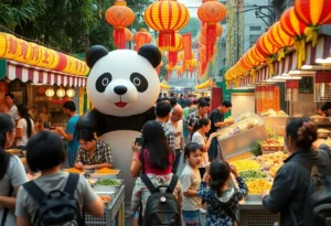 A colorful festival with food stalls and an inflatable panda in Dallas.