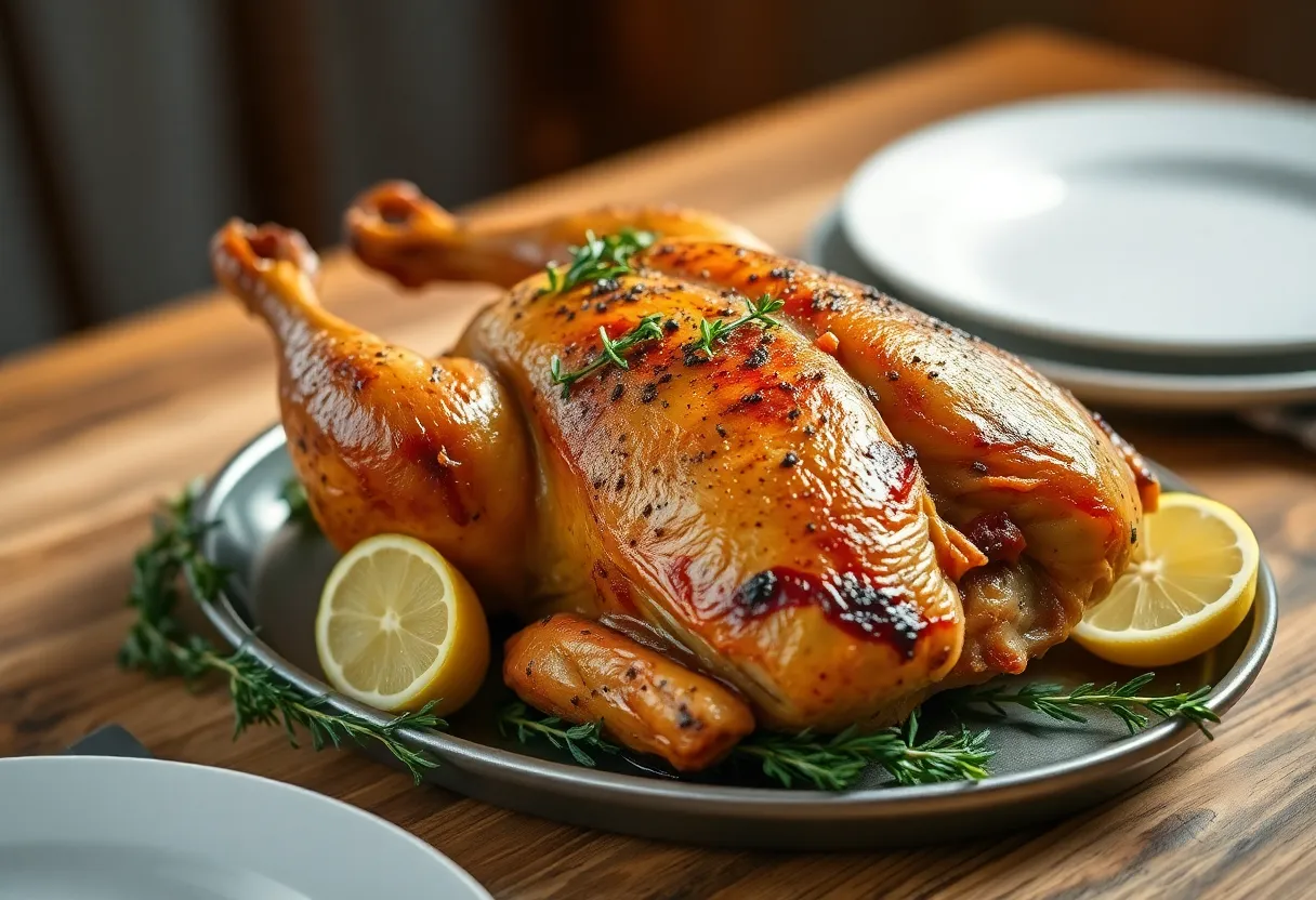 A roasted chicken garnished with herbs and lemon slices.