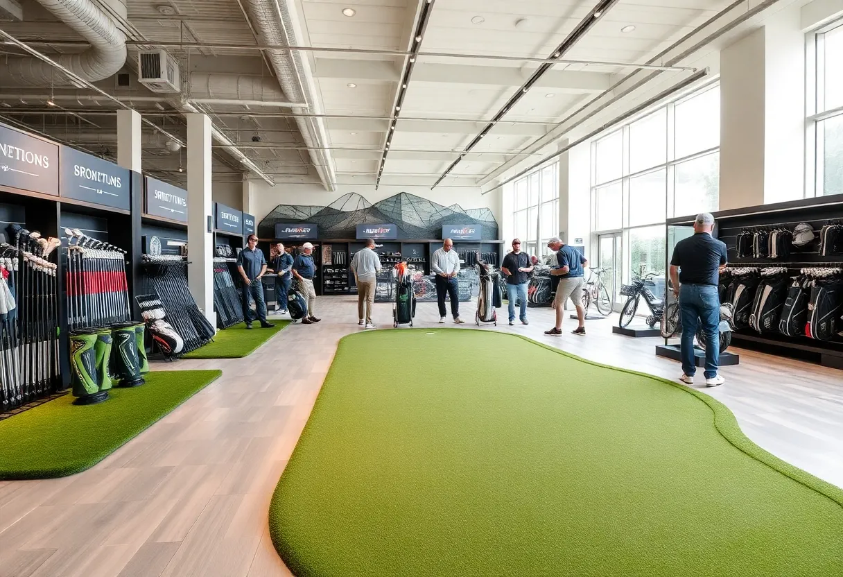 Interior of the new PGA Tour Superstore in Cherry Hill with golf simulators and putting green.
