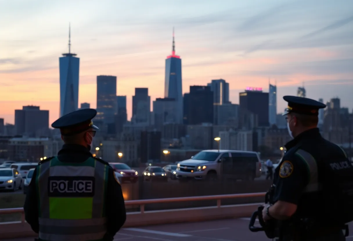 City skyline representing property crime decline and safety measures.