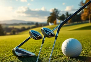 A display of PXG golf clubs and apparel on a golf course.