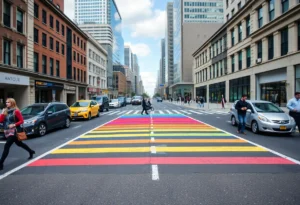 Rainbow crosswalk representing LGBTQ+ pride on a public street.