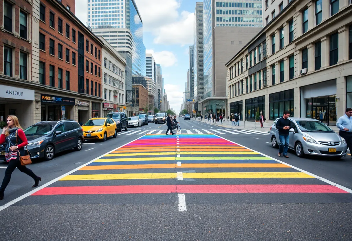 Rainbow crosswalk representing LGBTQ+ pride on a public street.