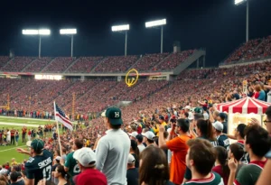 Crowd at Red River Rivalry game with vibrant school colors