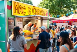 Smackin Mac food truck serving mac and cheese at a festival