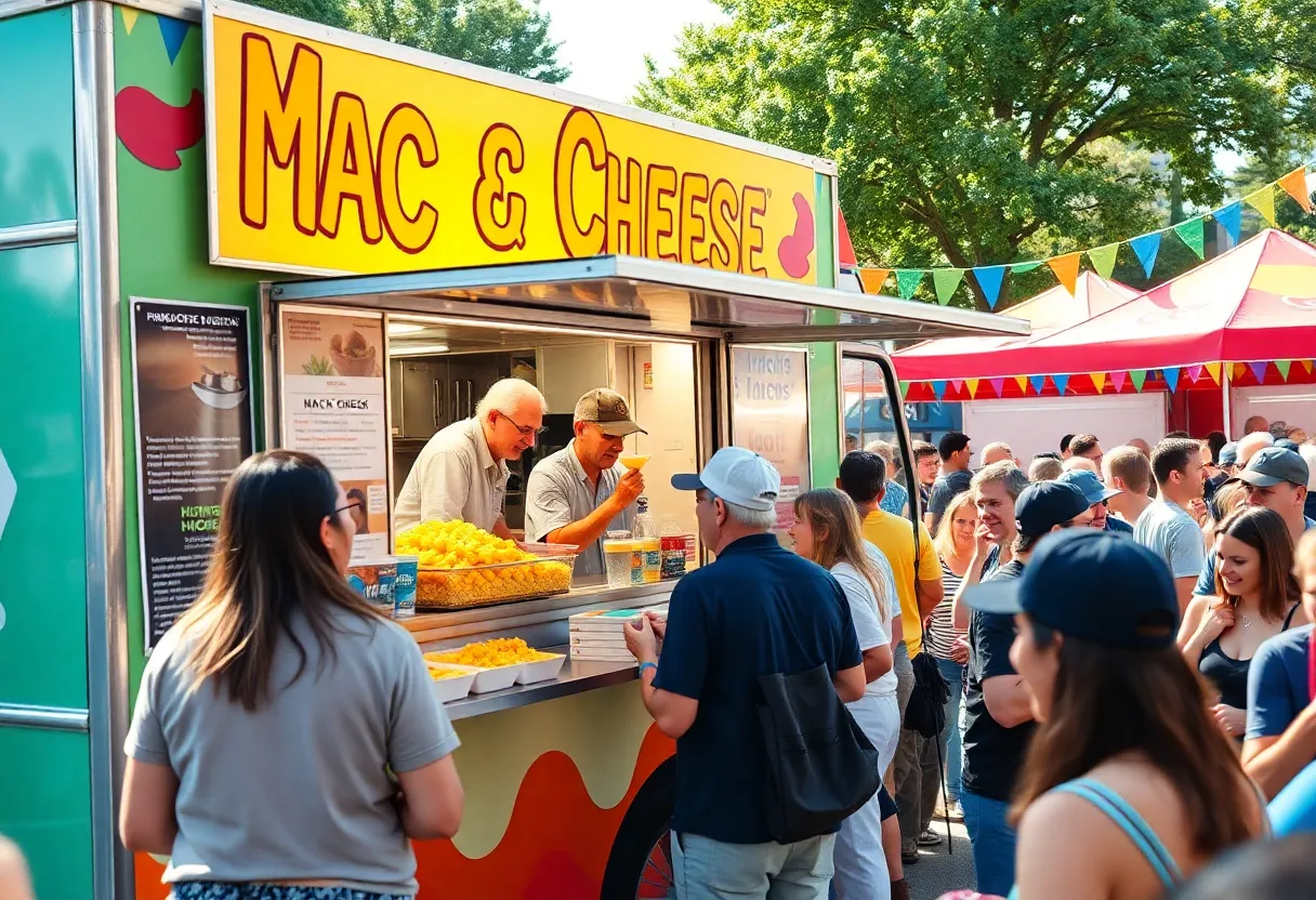 Smackin Mac food truck serving mac and cheese at a festival