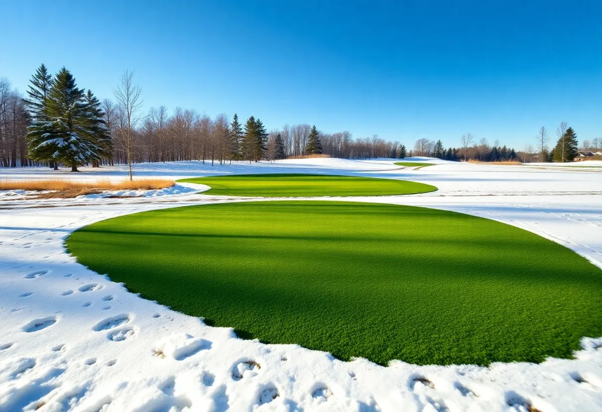 Winter golf course featuring Spurk Golf fairway mats