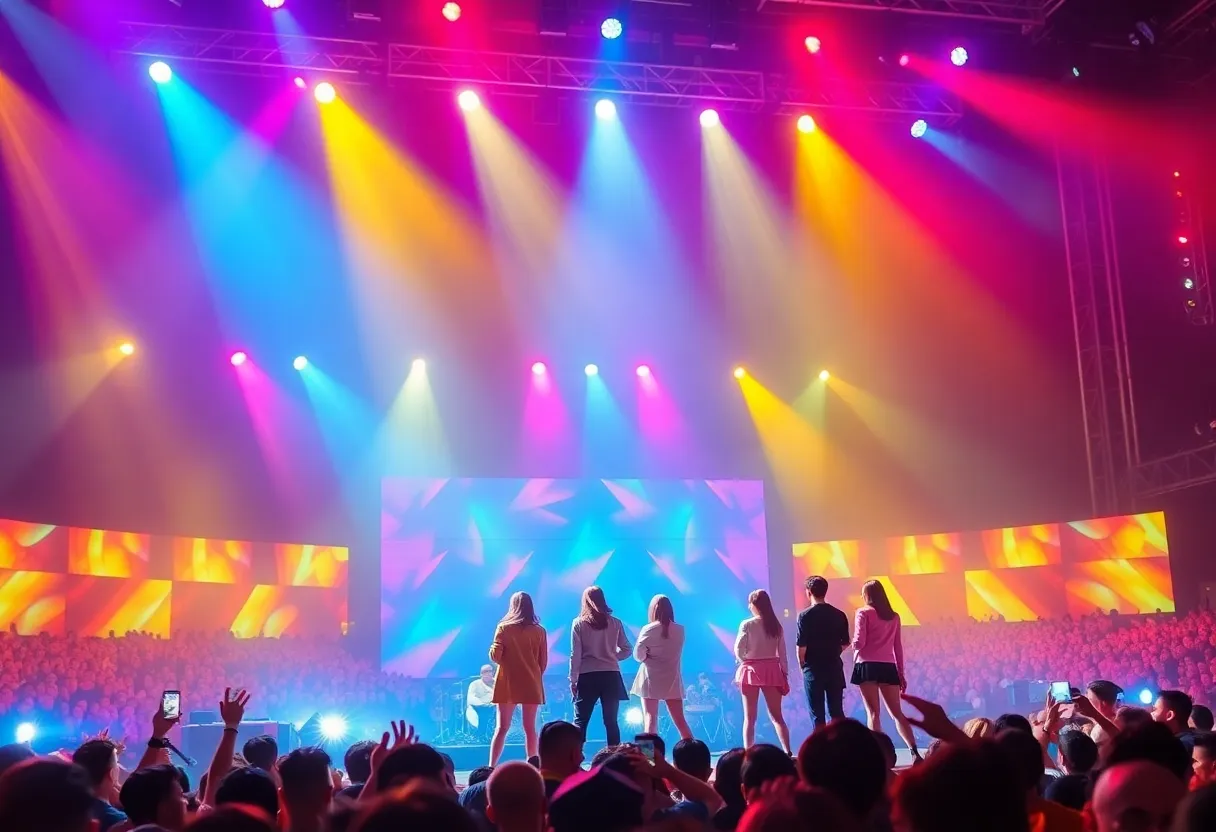 STAYC performing at a concert in Dallas with fans in the audience