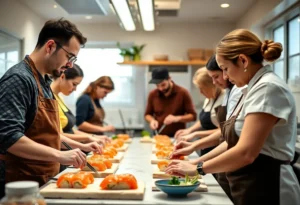 Participants learning sushi making techniques in a class