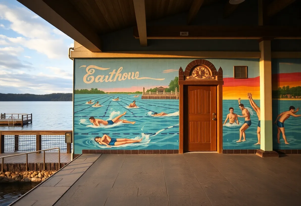 Mural depicting swimmers at the Old Bath House near White Rock Lake
