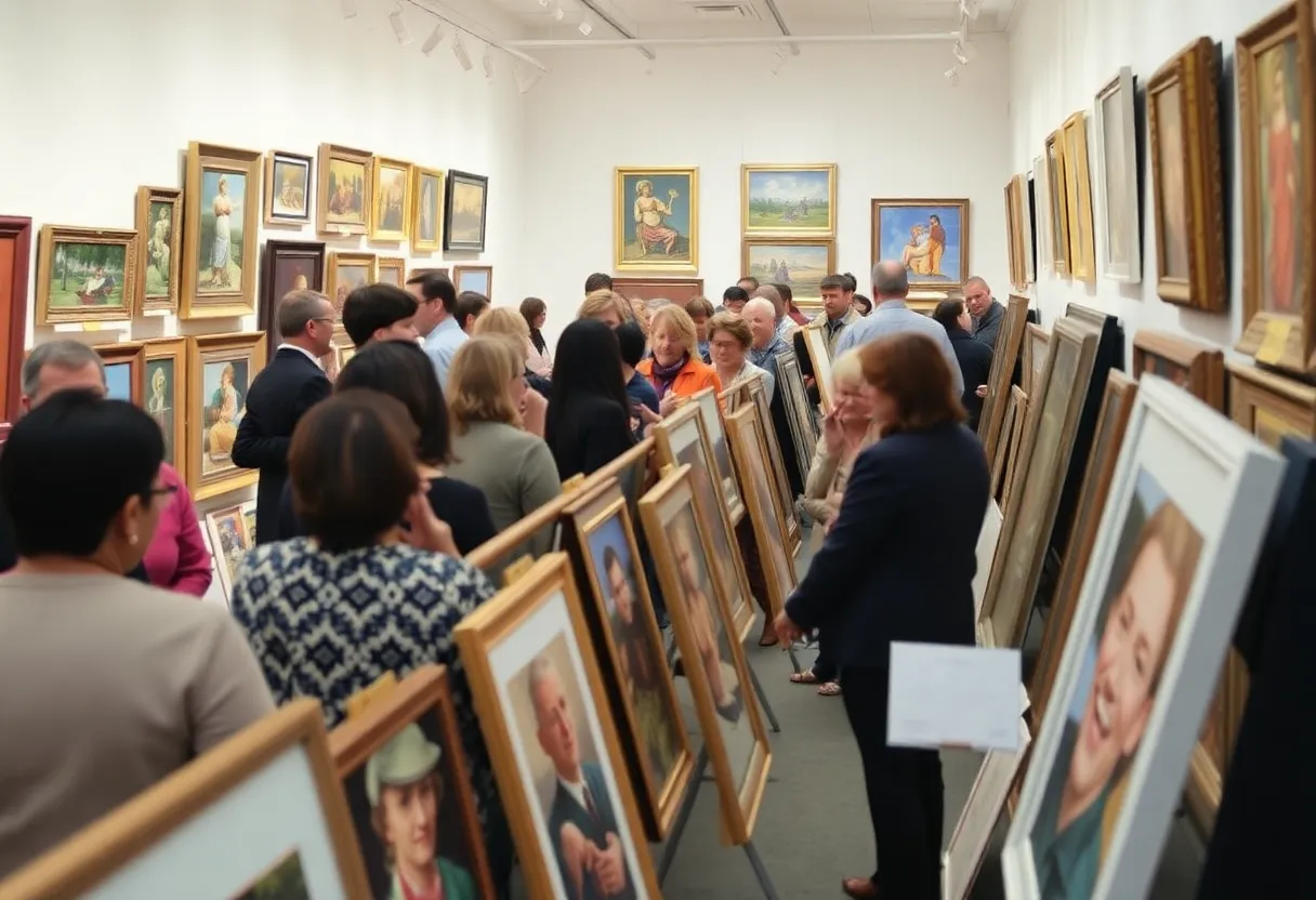 Scene from the Texas Art Auction with various artworks on display