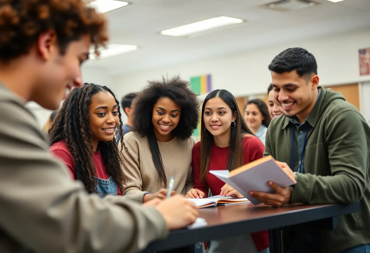Diverse high school students in a collaborative classroom setting