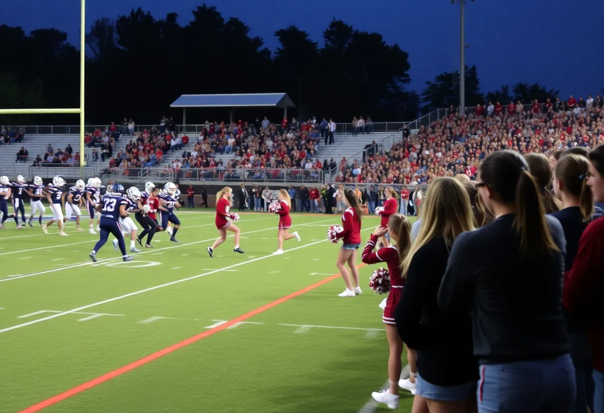 High school football teams competing on the field with cheerleaders in the background