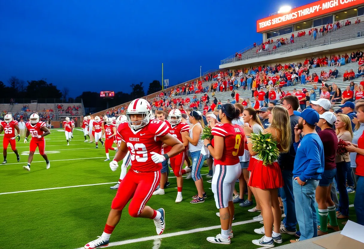 High school football players in action during a game in Texas
