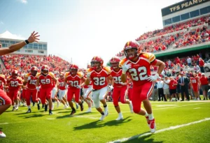 High school football players in action during a game in Texas