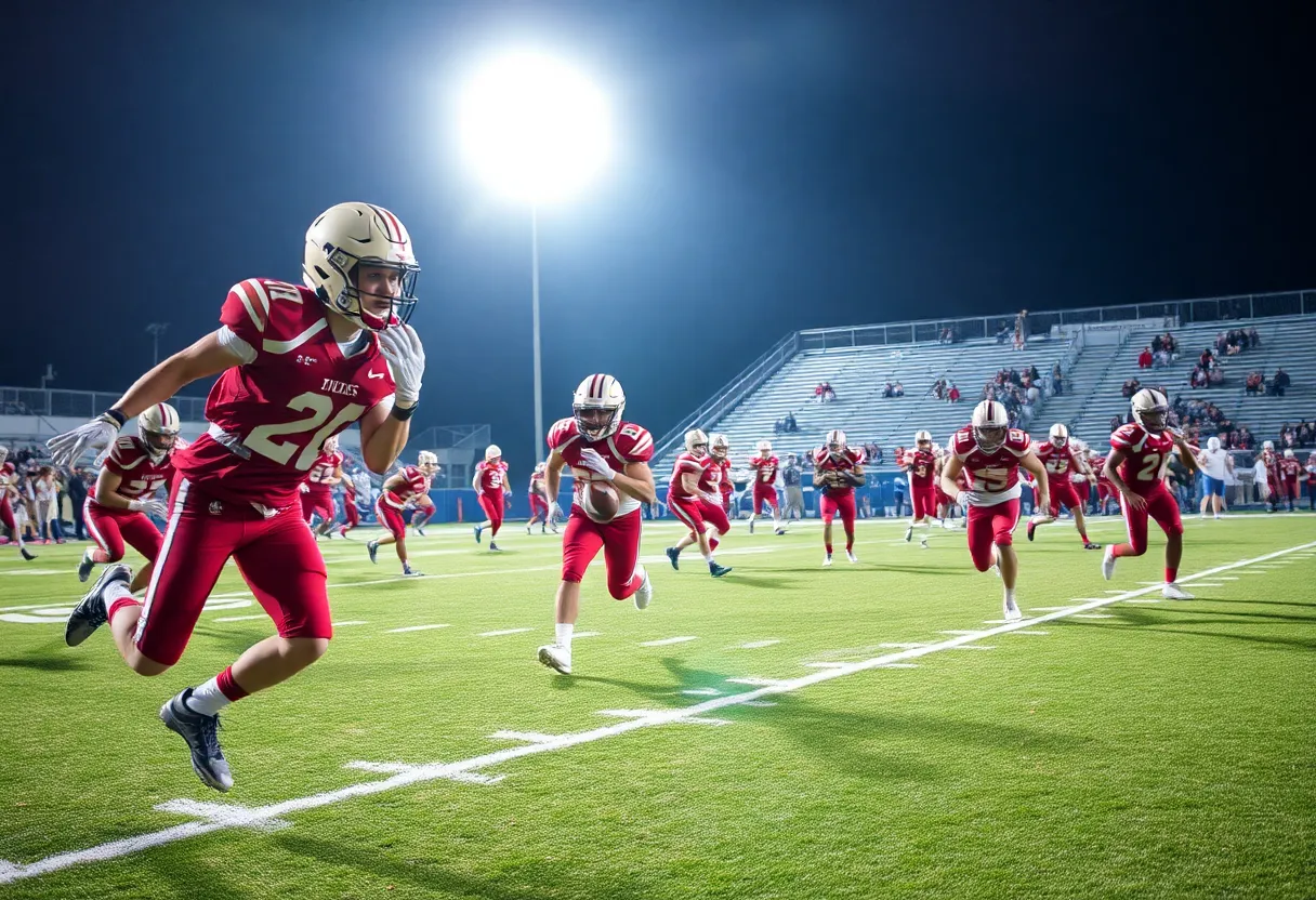 Exciting moment from a Texas high school football game with players in motion.