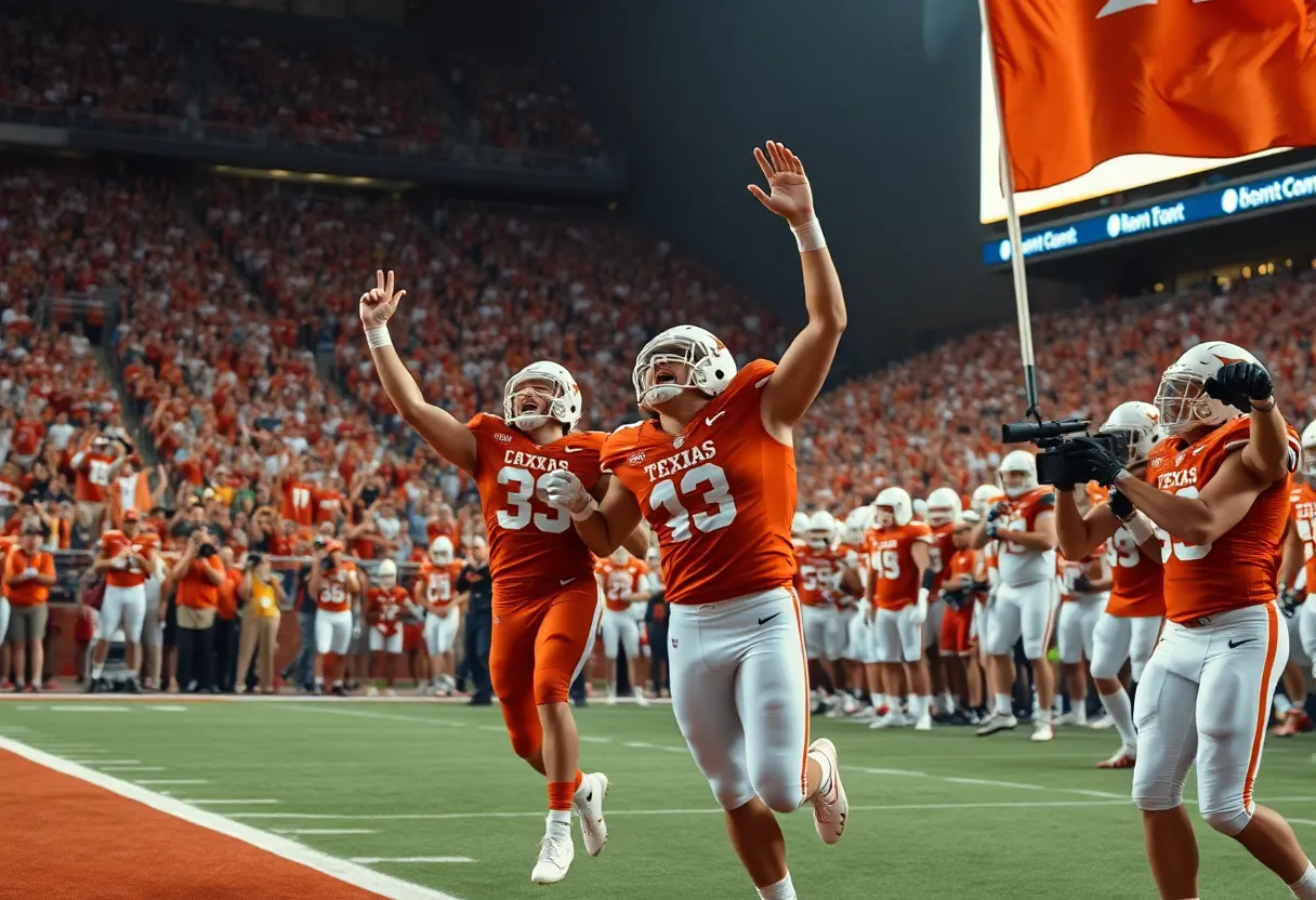 Texas Longhorns players celebrating a football win against the Oklahoma Sooners