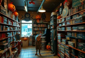 Nostalgic art installation of a video rental shop for Halloween