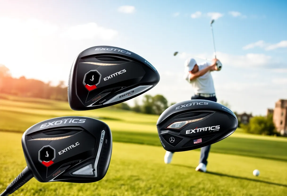 Three models of Tour Edge Exotics drivers on a golf course