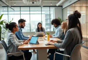 Diverse team of executives collaborating in a modern office