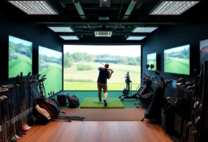 Interior of a True Spec Golf fitting studio with golfers being fitted for custom clubs