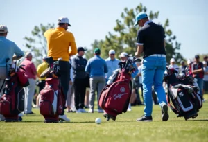 Golf equipment including TaylorMade clubs in a stylish red golf bag