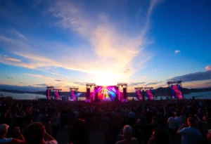 Crowd enjoying the Ubbi Dubbi Festival at sunset with stages and lights