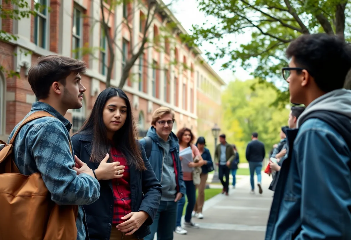 Students discussing campus safety on university grounds