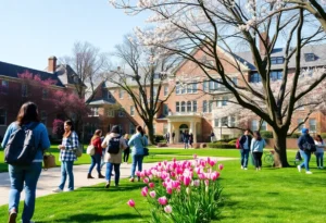 Students on campus at University of Dallas during spring