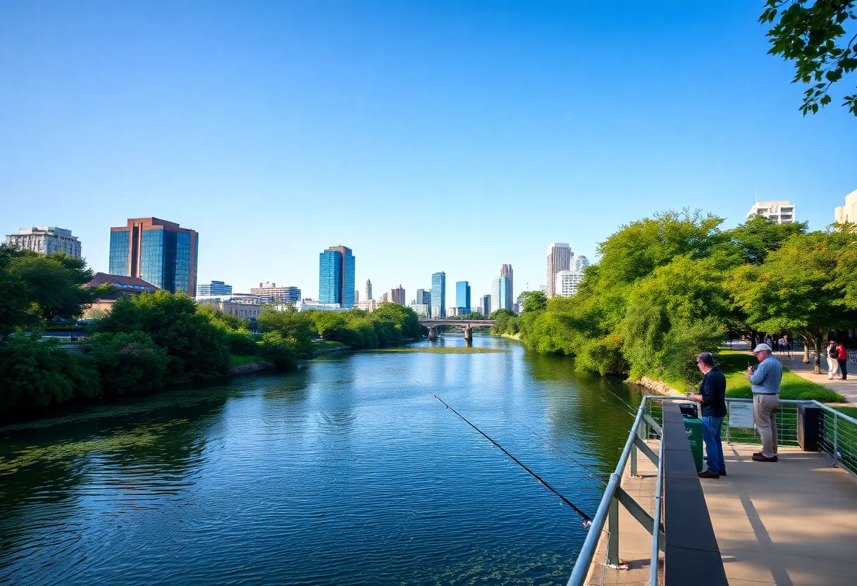 Scenic urban fishing area in Dallas with fishermen