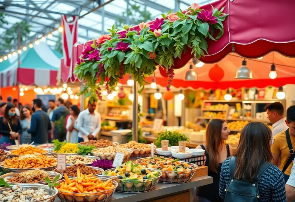Vegan food booth with a variety of plant-based dishes at the fair